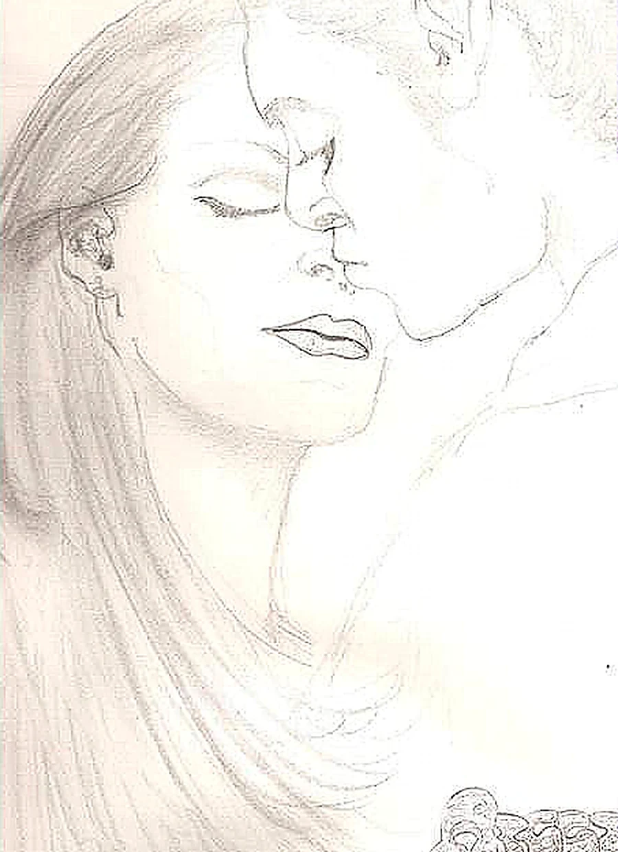 A pencil drawing by Nicole of a woman's face in profile with long hair, her eyes closed.