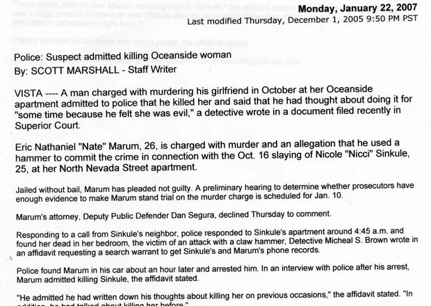 Newspaper cutting dated 1 December 2005, headed Police: Suspect admitted killing Oceanside woman.