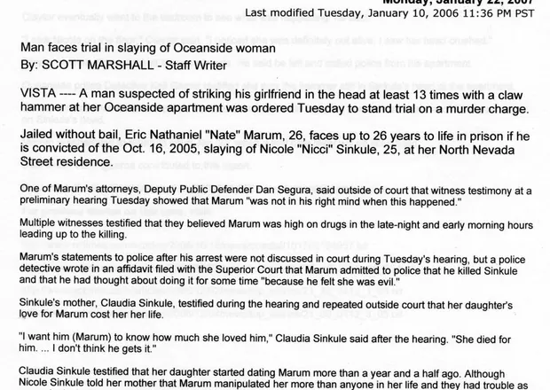 Newspaper cutting dated 10 January 2006, headed Man faces trial in slaying of Oceanside woman.