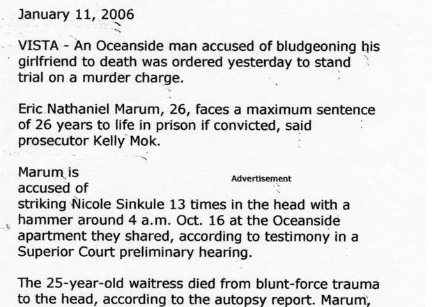 Newspaper cutting dated 11 January 2006, reporting that Eric Marum was ordered to stand trial for murder.