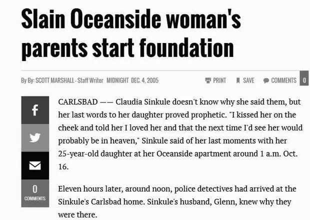 Newspaper cutting dated 4 December 2005, headed Slain Oceanside woman's parents start foundation.