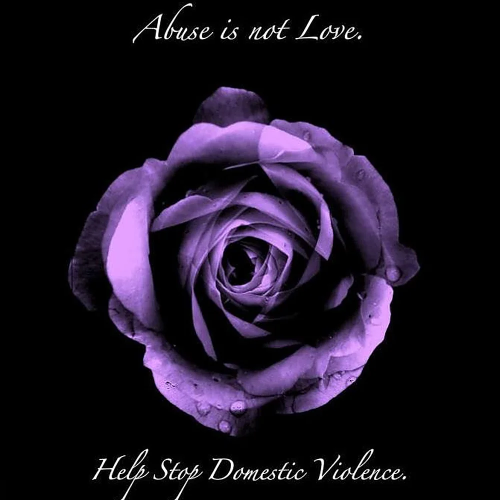 A purple rose on a black background with the words: Abuse is not Love. Help Stop Domestic Violence.